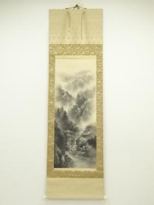 呉石筆　水墨山水　肉筆絹本掛軸（共箱）